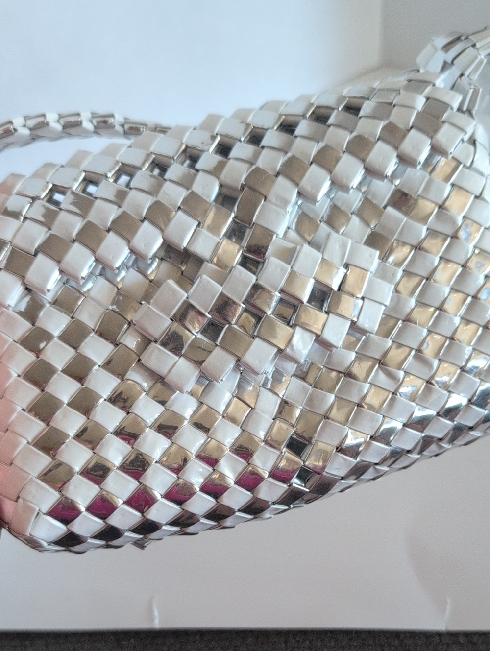 Silver & White Candy Wrapper Woven  Designer-Inspired Metallic Shoulder Bag - Picture 2 of 4